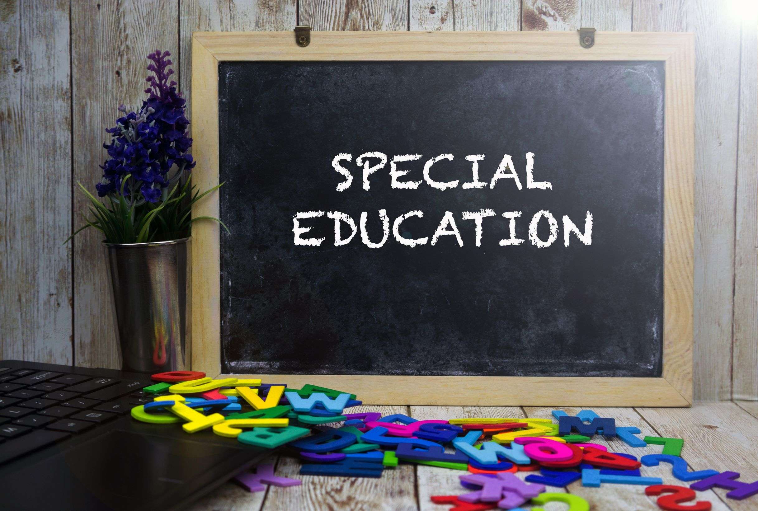 Blackboard with "SPECIAL EDUCATION" written, surrounded by colorful letters.