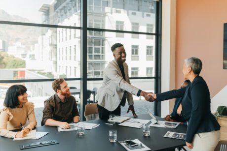 B2B partnership, collaboration or client handshake in business meeting for welcome, onboarding or thank you.